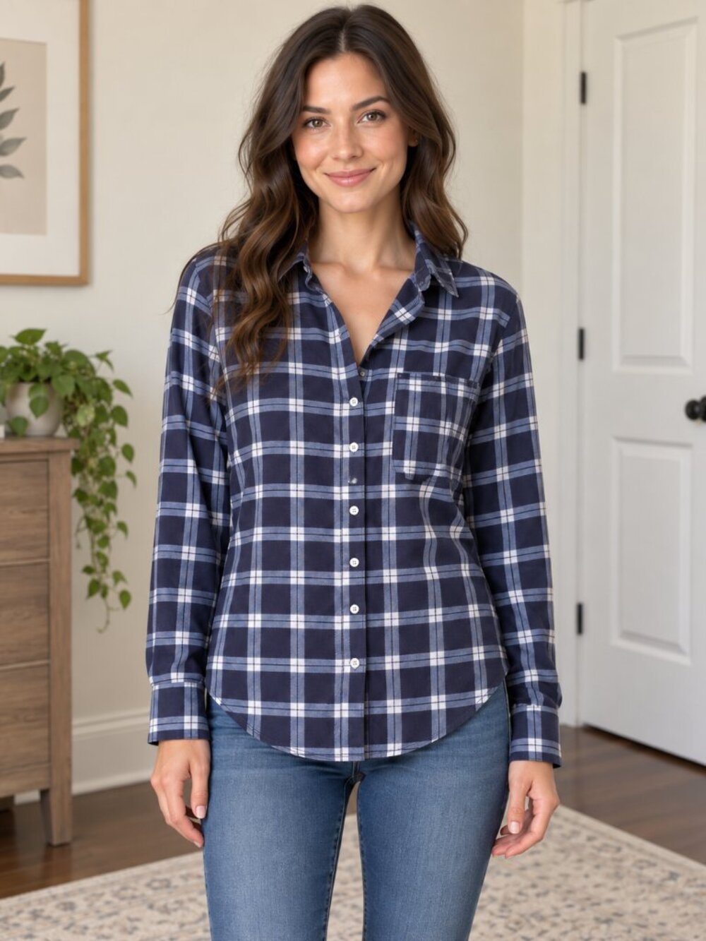 Rue21 Women’s XS Navy Blue White Plaid Button Down Shirt Long Sleeve